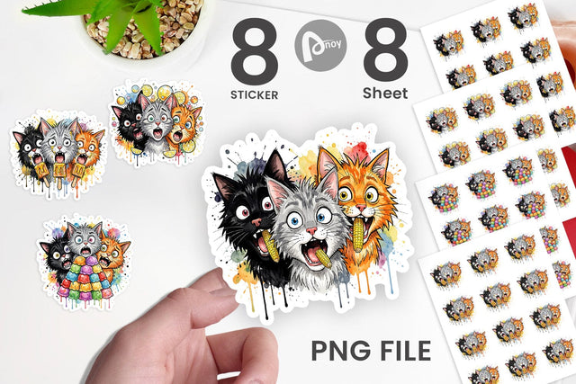 Sticker Funny Treat Panic Cats Watercolor Sublimation artnoy 