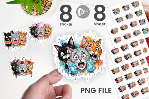 Sticker Funny Treat Panic Cats Watercolor Sublimation artnoy 