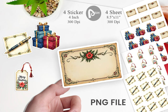 Sticker Gilded Age Christmas Mail & Parcel Watercolor Art Sublimation artnoy 