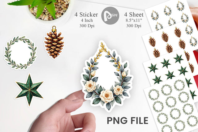 Sticker Gilded Botanical Watercolor Christmas Sublimation artnoy 