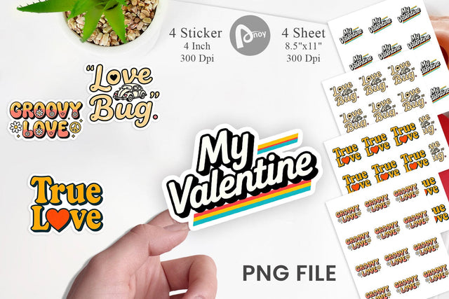 Sticker Groovy Love Retro Valentine Quotes Sublimation artnoy 