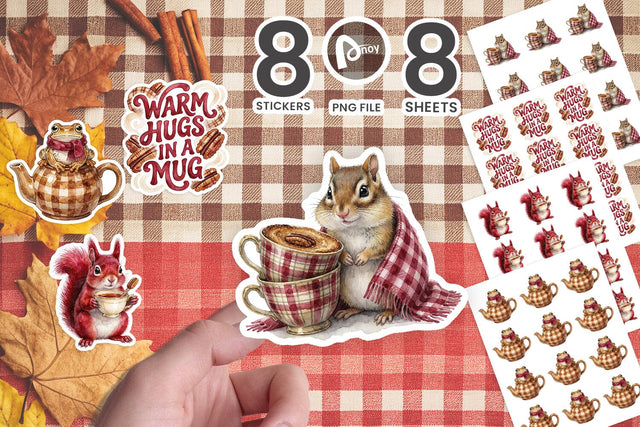 Sticker Groovy Teacup Cozy Autumn Animals SVG artnoy 