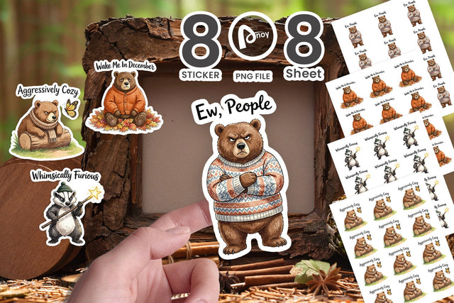 Sticker Grumpy Bear Badger Hygge Watercolor Sublimation artnoy 