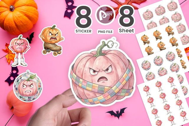 Sticker Grumpy Pink Pumpkin Retro Watercolor Sublimation artnoy 