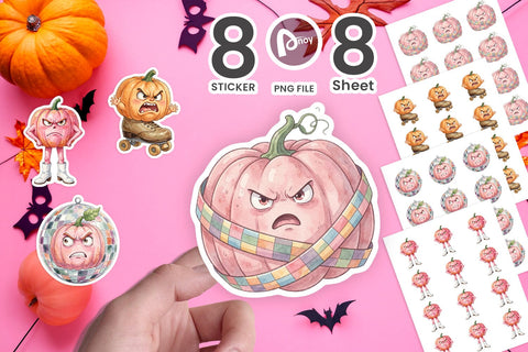 Sticker Grumpy Pink Pumpkin Retro Watercolor Sublimation artnoy 