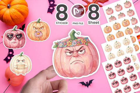 Sticker Grumpy Pink Pumpkin Retro Watercolor Sublimation artnoy 