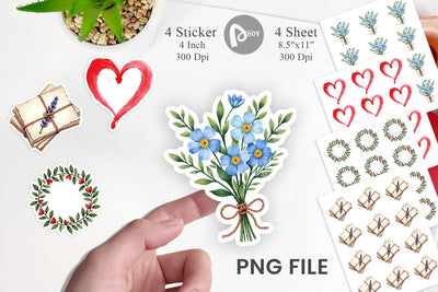 Sticker Handmade Valentine Blooms & Notes Watercolor Sublimation artnoy 