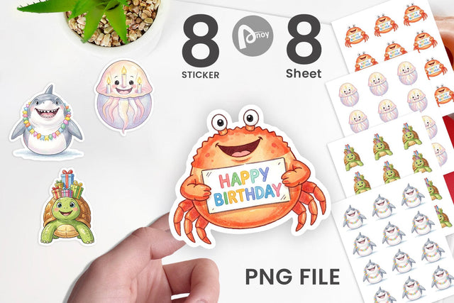 Sticker Happy Round Ocean Birthday Watercolor Sublimation artnoy 