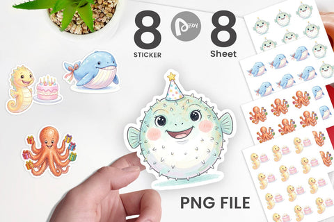 Sticker Happy Round Ocean Birthday Watercolor Sublimation artnoy 