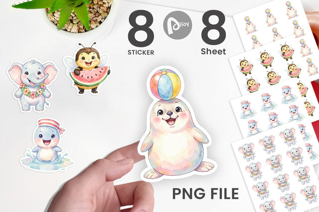 Sticker Happy Summer Animals Watercolor Sublimation artnoy 