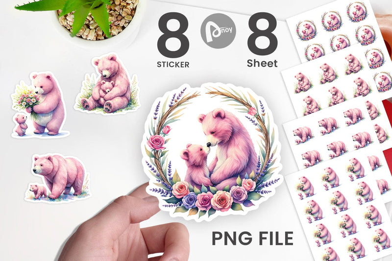 Sticker Mama Bear Cub Watercolor Sublimation artnoy 