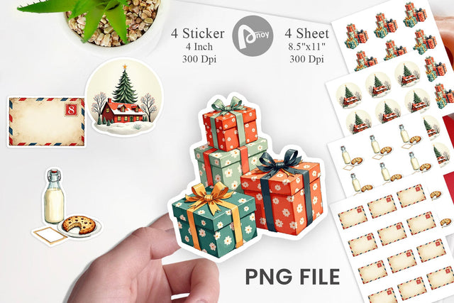 Sticker Mid-Century Christmas Mail Retro Watercolor Sublimation artnoy 