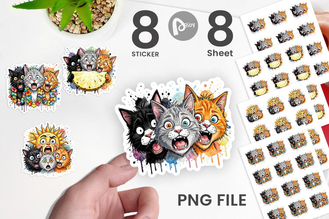 Sticker Panic Tropical Cats Messy Watercolor Sublimation artnoy 