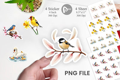 Sticker Pastel Spring Birds & Blooms Watercolor Sublimation artnoy 
