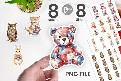 Sticker Patriotic Patchwork Animal Watercolor Sublimation artnoy 