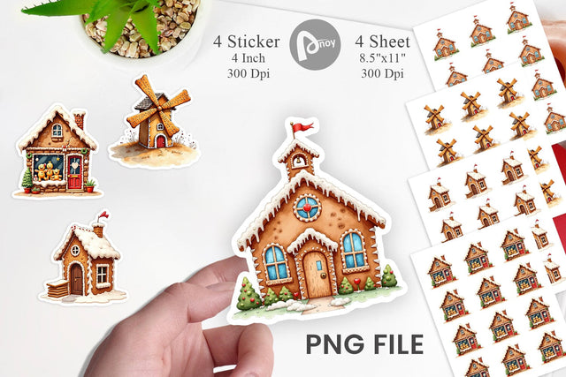 Sticker Quirky Gingerbread Village Watercolor Sublimation artnoy 