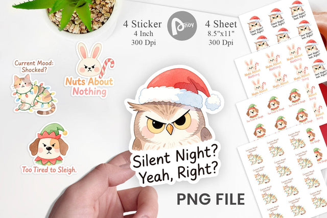 Sticker Quotes Watercolor Grumpy Animals Christmas Sublimation artnoy 