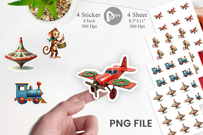 Sticker Retro Christmas Tin Toy Treasures Watercolor Sublimation artnoy 