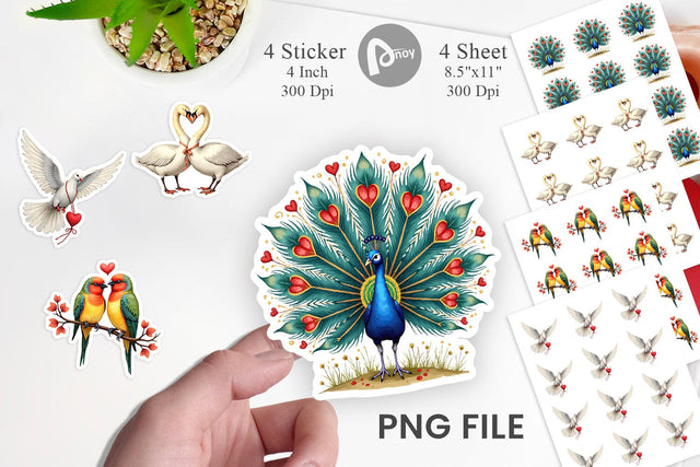 Sticker Retro Lovebirds & Swans Valentine Watercolor Sublimation artnoy 