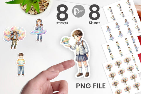 Sticker Retro Space Kid School Watercolor Sublimation artnoy 