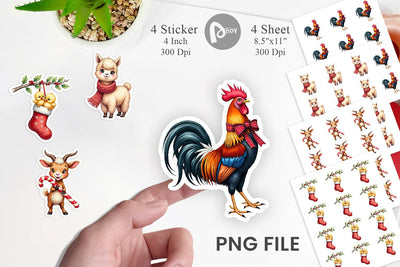 Sticker Rustic Farmhouse Christmas Animals Watercolor Sublimation artnoy 