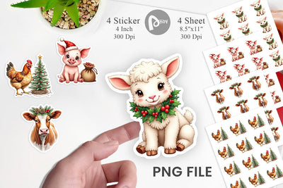 Sticker Rustic Farmhouse Christmas Animals Watercolor Sublimation artnoy 