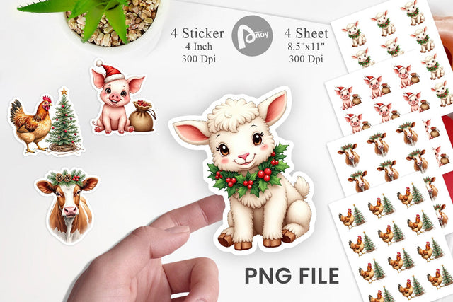 Sticker Rustic Farmhouse Christmas Animals Watercolor Sublimation artnoy 