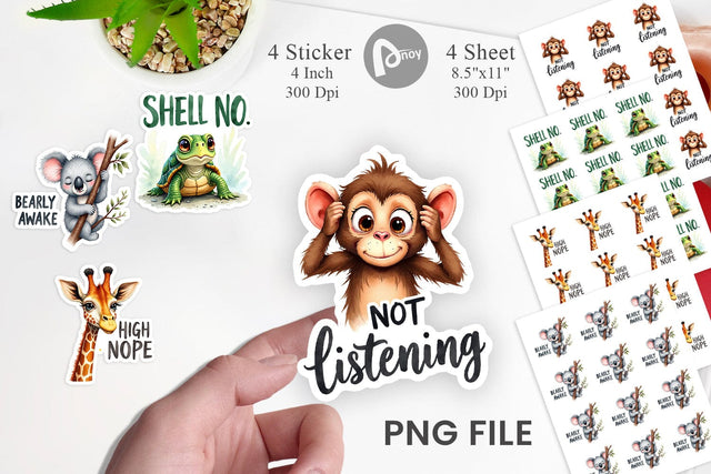 Sticker Sassy Big-Eyed Animal Watercolor Puns Sublimation artnoy 