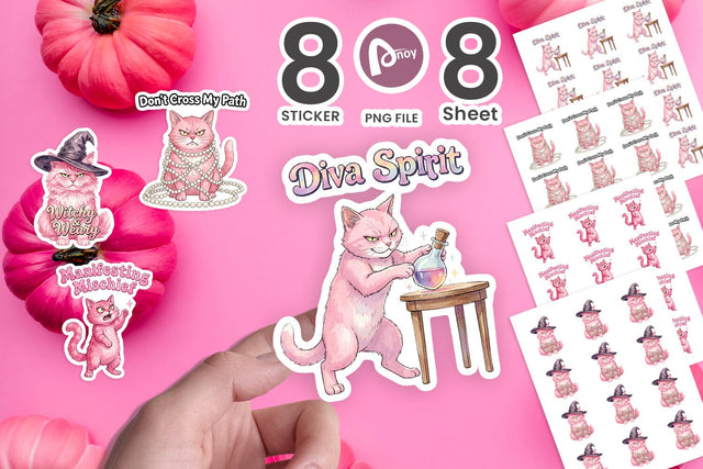 Sticker Sassy Pink Cat Halloween Watercolor Sublimation artnoy 
