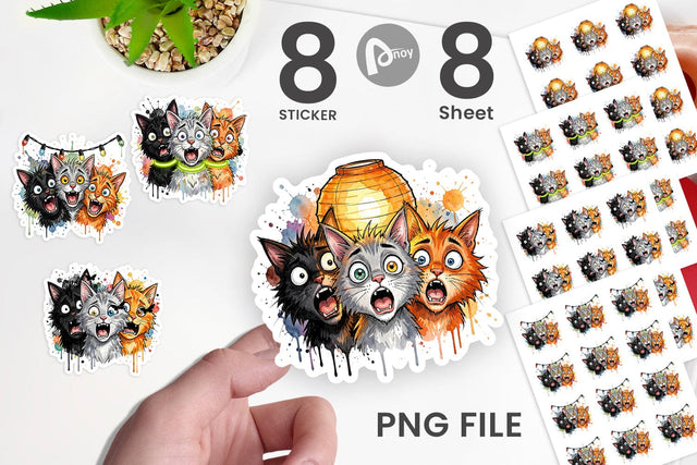 Sticker Summer Night Panic Cats Watercolor Sublimation artnoy 