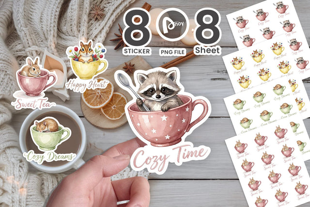Sticker Teacup Woodland Creature Watercolor Sublimation artnoy 