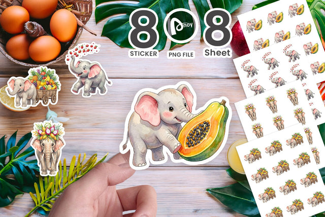 Sticker Tropical Fruit Elephant Watercolor Sublimation artnoy 