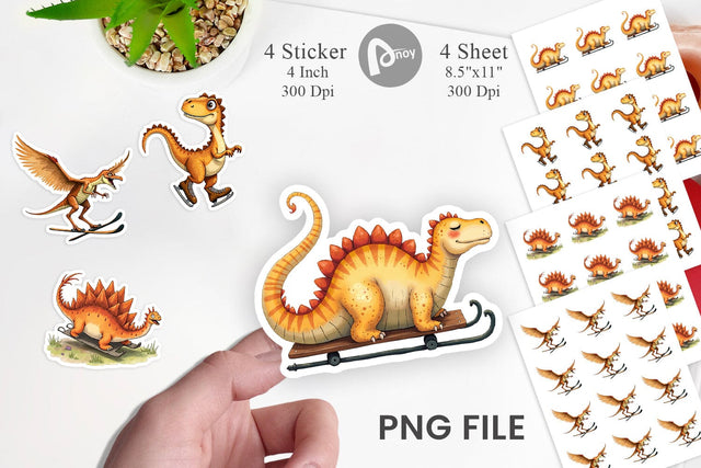 Sticker UglyCute Dinosaur Winter Sports Watercolor Art Sublimation artnoy 