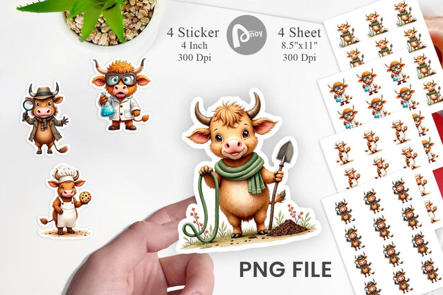 Sticker UglyCute Highland Cow Occupations Quirky Jobs & Hobbies Sublimation artnoy 