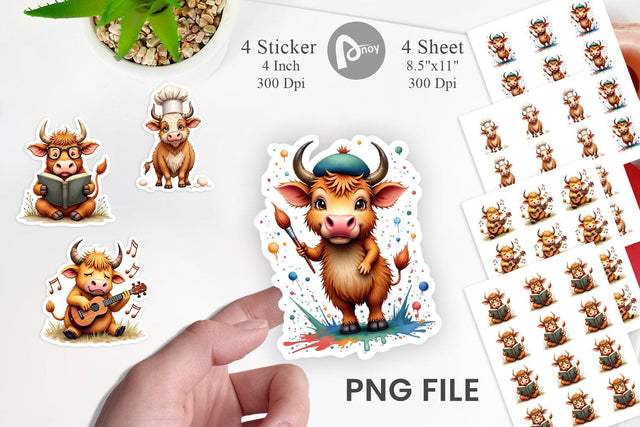 Sticker UglyCute Highland Cow Occupations Quirky Jobs & Hobbies Sublimation artnoy 