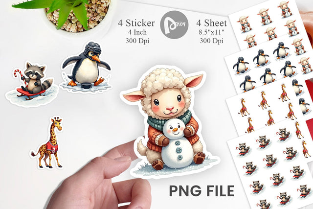Sticker UglyCute Winter Sports Animals Watercolor Sublimation artnoy 