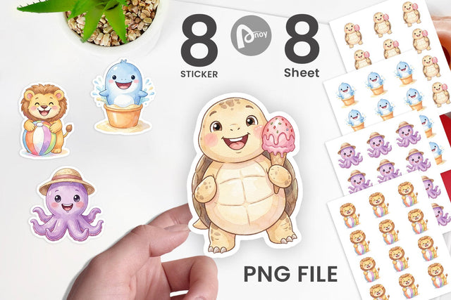 Sticker Vibrant Summer Animals Watercolor Sublimation artnoy 