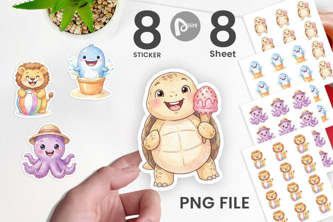Sticker Vibrant Summer Animals Watercolor Sublimation artnoy 