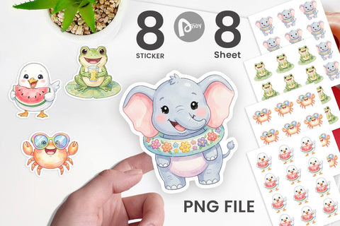 Sticker Vibrant Summer Animals Watercolor Sublimation artnoy 
