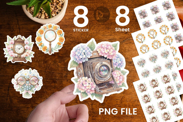 Sticker Vintage Camera And Floral Watercolor Sublimation artnoy 