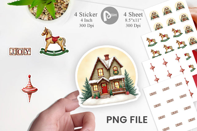 Sticker Vintage Christmas Wooden Toys Watercolor Sublimation artnoy 