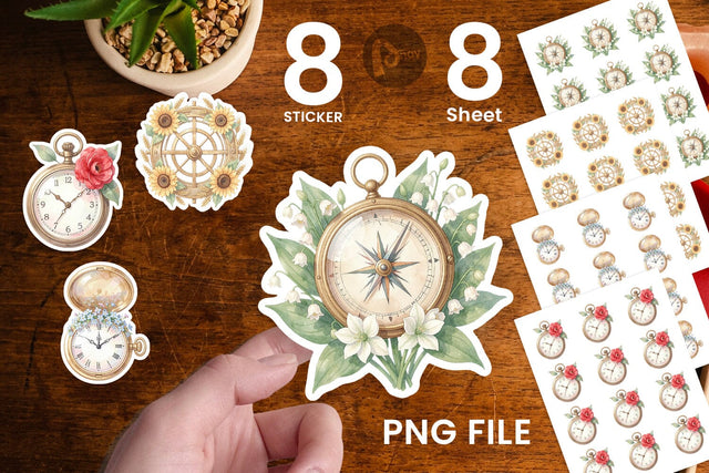 Sticker Vintage Clock And Floral Watercolor Sublimation artnoy 