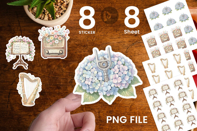 Sticker Vintage Music And Floral Watercolor Sublimation artnoy 