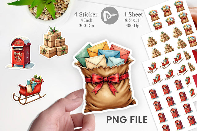 Sticker Vintage Santa's Mailbag Watercolor Sublimation artnoy 