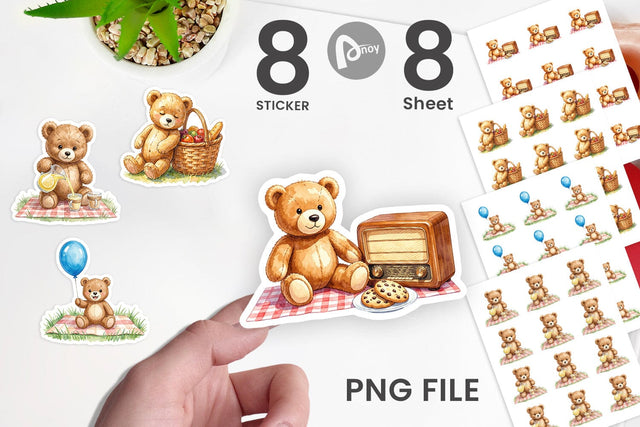 Sticker Vintage Teddy Bear Picnic Watercolor Sublimation artnoy 