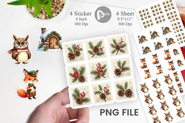 Sticker Vintage Woodland Christmas Post Office Watercolor Sublimation artnoy 