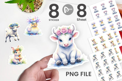 Sticker Watercolor Baby Farm Animal Nursery Art Sublimation artnoy 