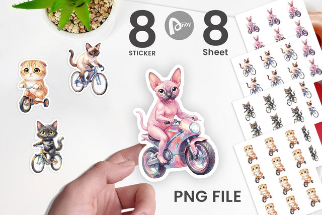 Sticker Watercolor Big Eye Cat Cyclist Art Sublimation artnoy 