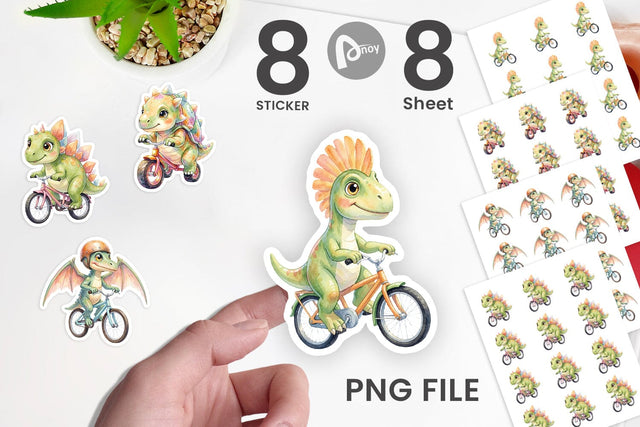 Sticker Watercolor Big Eye Dinosaur Biking Art Sublimation artnoy 
