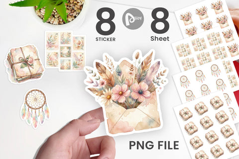 Sticker Watercolor Boho Floral Junk Journal Art Sublimation artnoy 